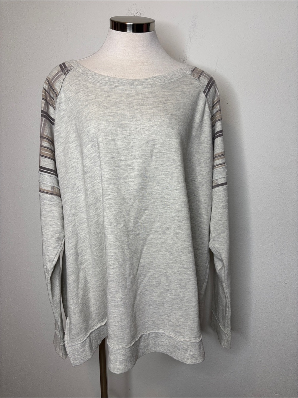 Maurices Light Gray Pullover Sweater with Sheer Striped Sleeves